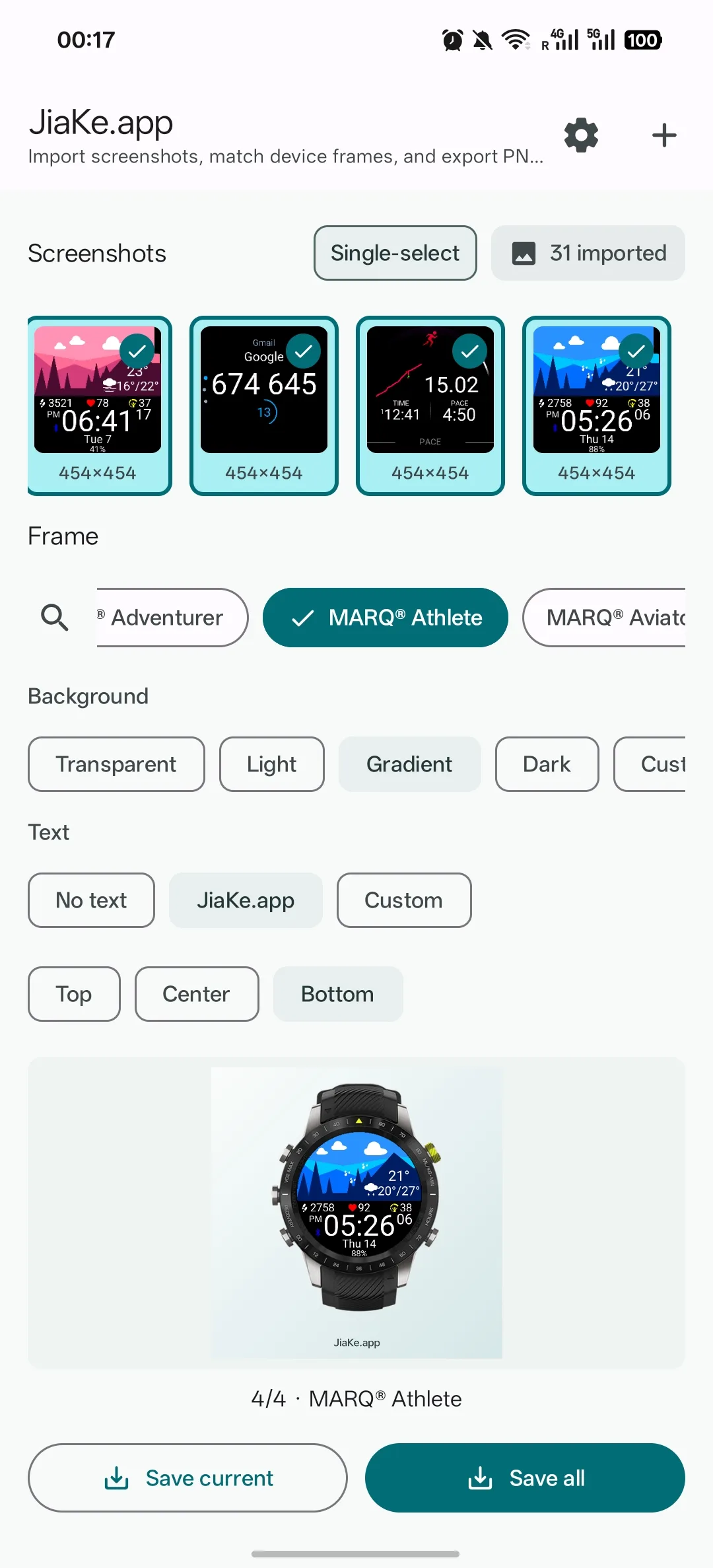 JiaKe.app Android multi-select export for multiple Garmin screenshots with device frames