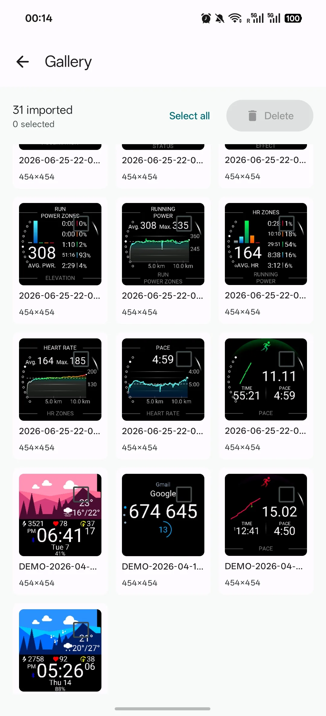 JiaKe.app Android screenshot gallery showing imported Garmin screenshots and file dimensions
