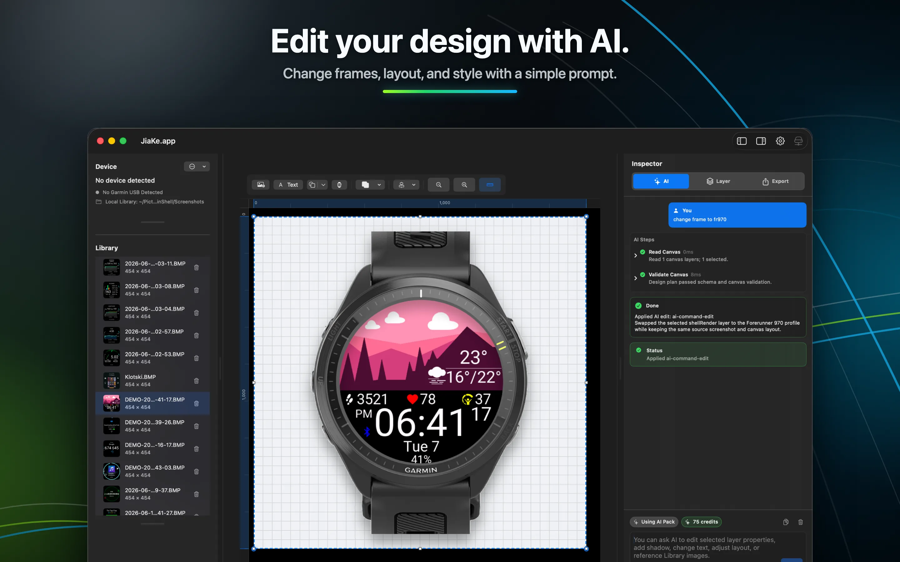 JiaKe.app editing a Garmin screenshot design with an AI prompt and watch frame controls