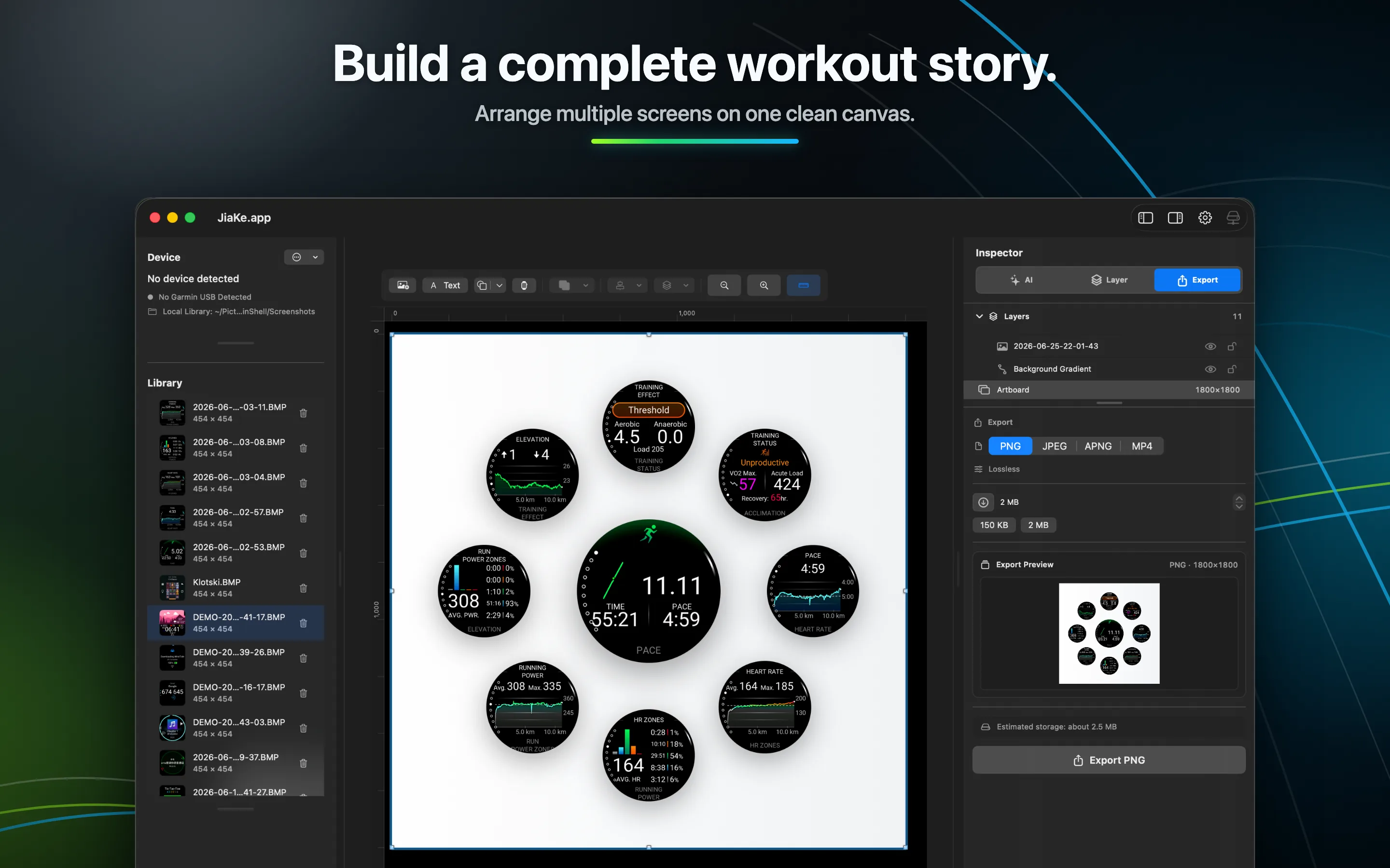 JiaKe.app arranging multiple Garmin workout screenshots into a complete release canvas