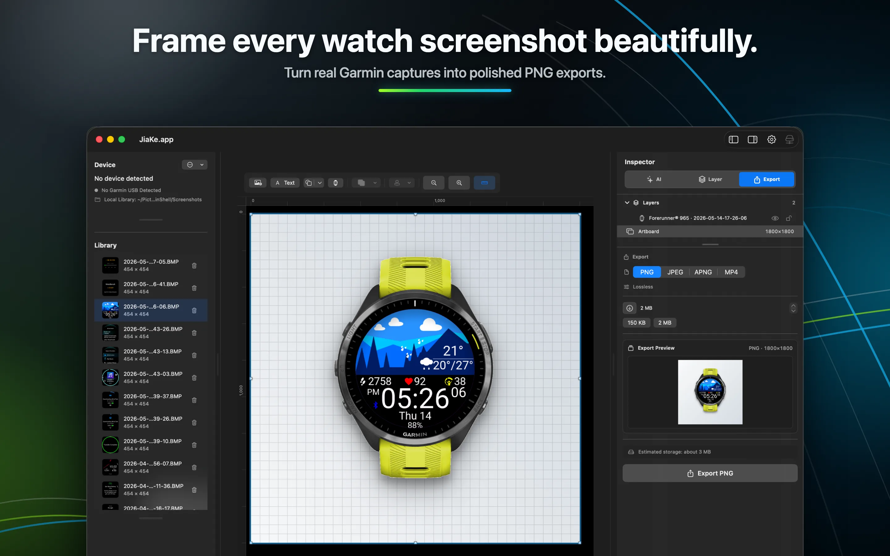 JiaKe.app framing a Garmin watch screenshot on macOS and exporting a PNG asset