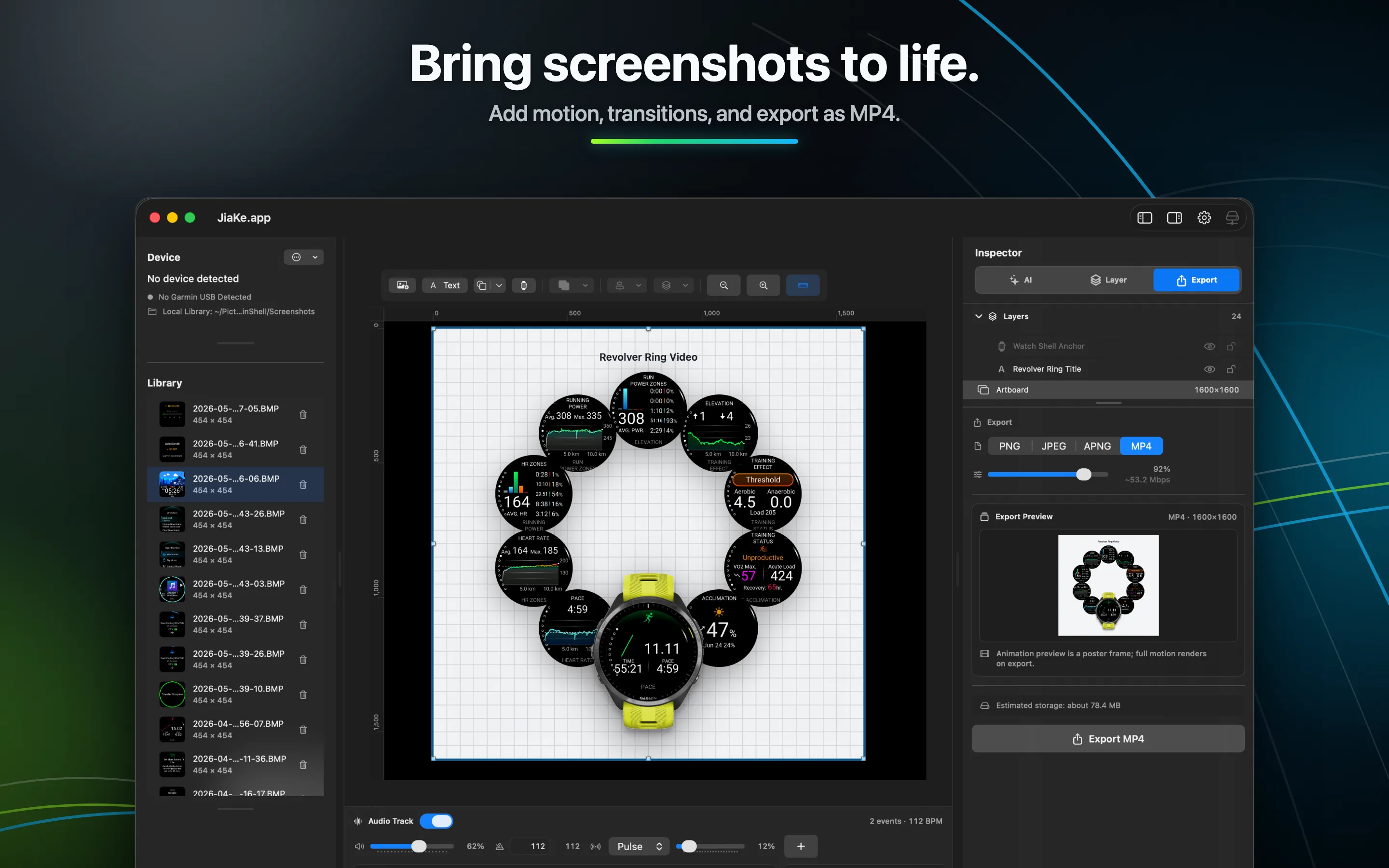 JiaKe.app exporting a Garmin screenshot canvas as motion video assets