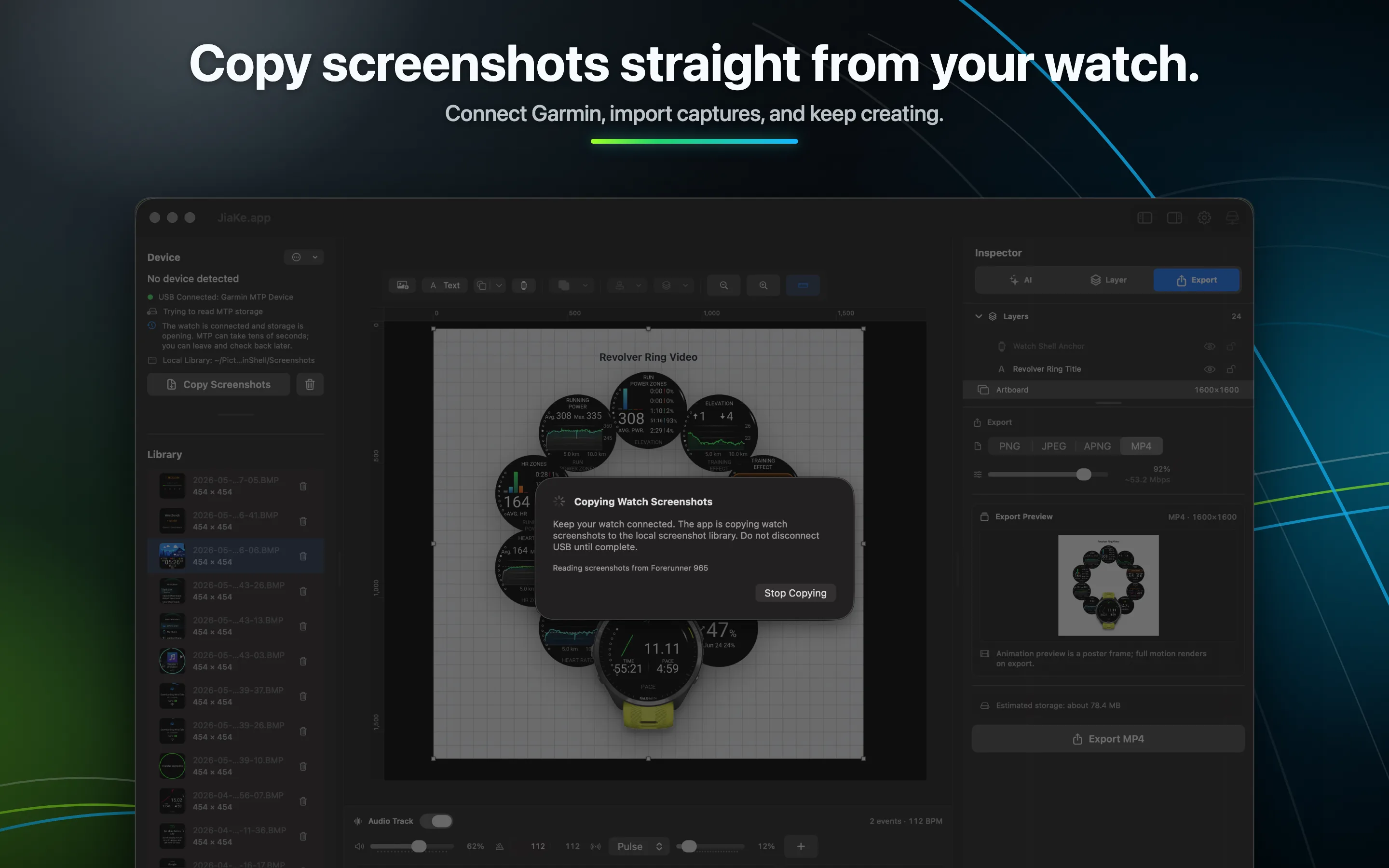 JiaKe.app automatically copying screenshots from GARMIN\ScreenShot on a connected Garmin watch to a Mac